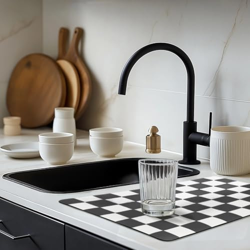 Checkered Dish Drying Mat for Kitchen Counter, Non Slip Coffee Machine Mat Accessories, Super Absorbent Draining Board Mat, Quick Dry Kitchen Mat for Worktop Bar (Black, 30x50cm)