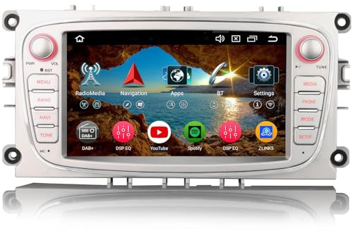 Erisin 4GB+64GB Android 14 Autoradio mit GPS Navigation für Ford Focus Mondeo S-Max C-Max Galaxy Bluetooth 5.0 CarPlay Android Auto DSP WiFi DAB+ IPS OBD2 8-Kern 2.2GHz CPU