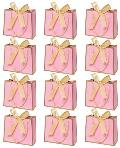 12 Stück Mini Geschenktüten mit Henkel, kleine Geschenktüten Rosa für Geburtstag, Hochzeit (14×6×12cm), Goldschleifen