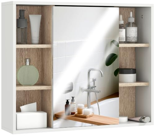 HOMCOM Mobile Bagno con Specchio, 60x14.5x49.4 cm Bianco e Color Legno | 3 Ripiani Laterali, Ripiano Regolabile Interno, Specchio Bagno Contenitore in Legno