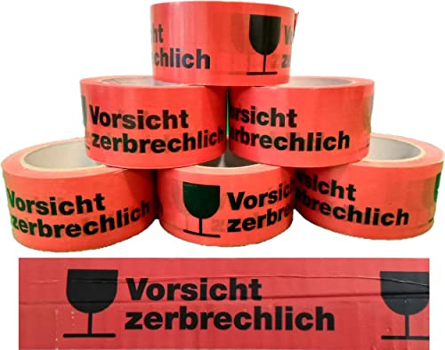 Generisch Vorsicht zerbrechlich PVC Paketklebeband 66m x 50mm Leise beim Abrollen, Warnklebeband, Hinweisklebeband, Packband,Industriequalität Deutsche Ware (6)