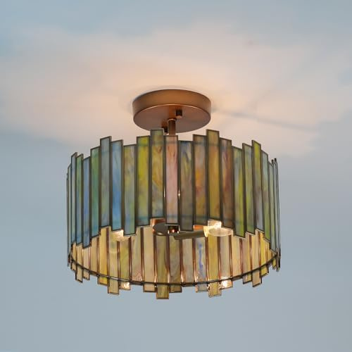 Wrlmfy Antique Brass Ceiling Light Fixture in Drum Shape, 12.5” Semi Flush Mount Stained Tiffany Lamp with Mable Green Glass, 3 Light Round Ceiling Hanging Lighting for Foyer Hallway Bedroom Kitchen