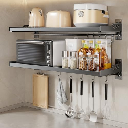 Organizador cocina almacenamiento,organizador de especias cocina,estanteria metalica almacenaje,soporte microondas pared,barra para colgar utensilios de cocina,Viene con 6 ganchos,Fácil de instalar(80