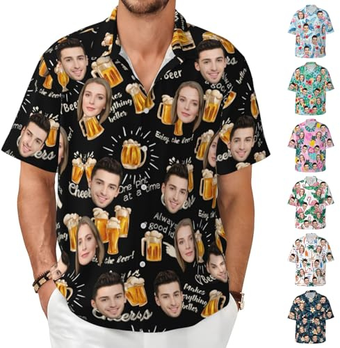 Personalisierte Hawaiihemden für Herren, Personalisierte Lustige Hawaiihemden mit Gesicht, Personalisierte Tropische Sommer und Strandhemden, lässige Kurzarm Button Down Hemden für Herren
