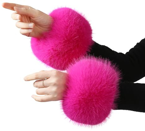 Roniky Women's Faux Fur Wrist Cuffs, Winter Fox Furry Wristbands, Fluffy Fur Cuff Bracelets, Arm Warmers (Rose Red, One Size)