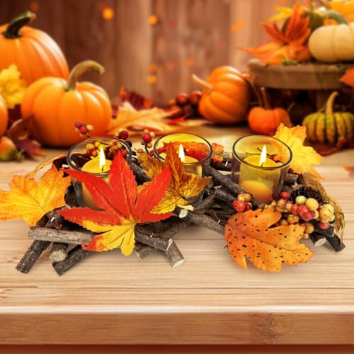 Yuragim Kerzenhalter Herbstdeko, Handgefertigte Kerzenhalter Holz Teelichthalter Herbst Dekoration mit 3 Glas Tasse Windlicht Herbst Deko Kerzenständer, Fall Decor Aesthetic Innen Wohnzimmer Tischdeko
