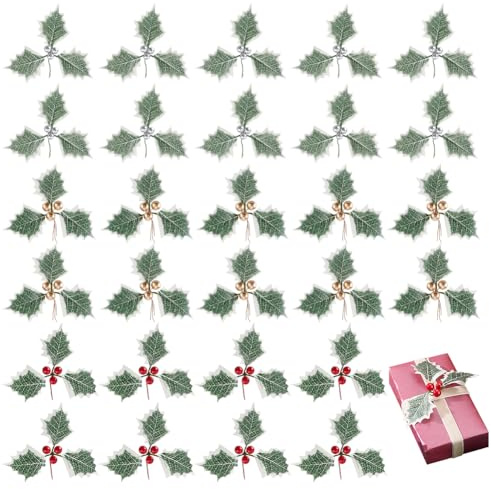AHANDMAKER 30 pezzi 3 colori bacche di agrifoglio artificiale con foglie verdi, cespugli, bacche, foglie di cedro, steli per albero di Natale, ghirlanda fai da te, ghirlanda, fai da te, festa di festa