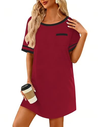 Ekouaer Womens Sleep Shirts Gowns for Women Sleepwear Womens Nightgowns Cotton Pajama Shirts Short Sleeve Ladies Night Shirts Sleepwear Wine Red 3XL