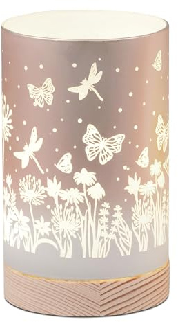formano LED Tischlampe Deko Blumenwiese Zylinder Stimmungslicht aus Glas & Holz mit Timer, batteriebetrieben, Pastell-Peach, 15 cm - sanftes Ambientelicht für Tisch & Fensterbank