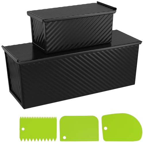CHIHEUNG 2 moldes para pan tostado con tapa y espátula de silicona, molde para pan con tapa, color negro, capacidad de 1000 g y 230 g, antiadherente, con tapa para sándwiches, acero al carbono