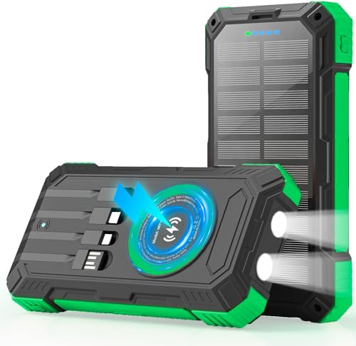 YOLOSKS Chargeur solaire 49 800 mAh sans fil pour téléphone portable, charge rapide QC3.0 22,5 W, 4 câbles intégrés avec USB C, 6 sorties et 2 entrées pour tous les téléphones portables