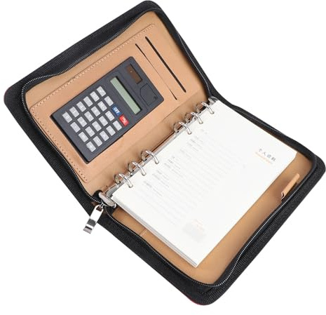 SHINEOFI Business Notepad A6 Organizer with Zipper Notebook Design Featuring Faux Leather Cover, 6 Ring Binder, Calculator and Large File Pocket, for Conference and Office Use at Back