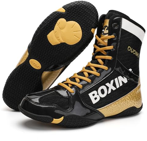 Hixingo Scarpe da Boxe Uomo Donna 36-46, Stivaletti da Wrestling Uomo Donna con Suole in Gomma Antiscivolo Leggero e Traspirante per Allenamento di Fitness (QJ-22522 Nero Oro,41)
