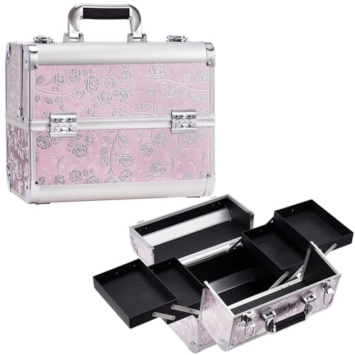Professional Vanity Case Large Makeup Box Lockable Makeup Case Beauty Organiser Cosmetic Make Up Organiser Box 4 Trays with Keys