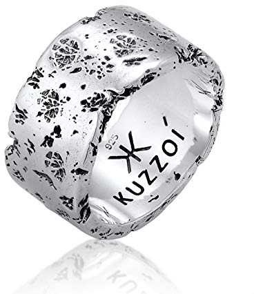 Kuzzoi Herrenring (12.5 mm) Massiv Handgeschmiedet, Bandring für Männer aus 925 Sterling Silber, Silberring gehämmert oxidiert, Ring im Rustikal Look, Ringgröße 66, 0602552120_66