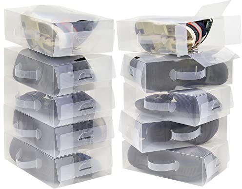Taylor & Brown Set of 10 Clear Corrugated Plastic Shoe Storage Boxes with Handle 18x30x9.5cm - Stackable and Foldable for Ladies Men - Transparent Shoe Organiser