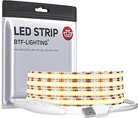 BTF-LIGHTING FCOB COB USB Striscia LED 1m 320LEDs Alimentazione Dimmerabile Natural White 90+Hight CRI 5V 7W Flessibile ad alta densità per TV Retroilluminazione PC Camera da letto Cucina Casa