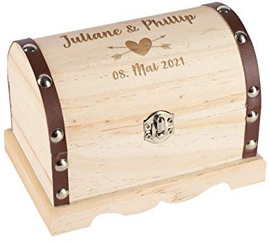 Herz & Heim® Personalisiertes Hochzeitsgeschenk Schatztruhe mit Gravur in verschiedenen Größen Herz, ca. 11 cm x 7,5 cm x 6,5 cm (B/H/T)