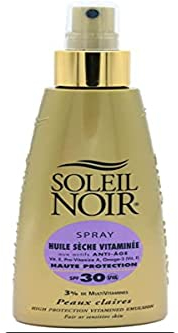 Soleil Noir - Huile Sèche Vitaminée SPF30 Haute Protection Solaire UVA et UVB - Peaux Claires - Vitamines et Huiles Nobles - Fabrication Française - Flacon Pompe, 150 ml