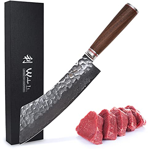 Wakoli Nussbaum Damastmesser Blockmesser Hakata Bocho I 23,50 cm Klinge aus 67 Lagen I Damast Küchenmesser & Profi Kochmesser aus echtem Damaststahl mit Hammerschlag & Nussbaumgriff