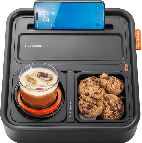 CouchConsole Bandeja original para sofá con reposabrazos, mesa con soporte para teléfono, almacenamiento y organizador de control remoto de TV, para salas de estar, autocaravanas y coches,