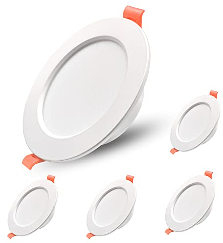 Sweier IP44 Downlight LED Techo Empotrable Ultrafino. 7W Aluminio die-Casting Downlight 3000K Cálida 600Lúmenes. AC 220-240V. Orificio 90-105mm. Pack 5