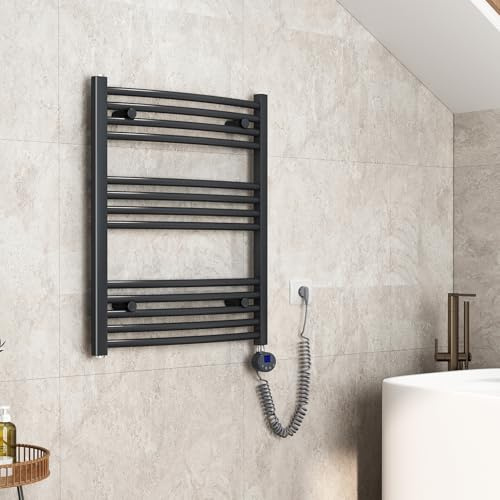 EMKE Handtuchheizkörper Elektrisch 75 x 60 cm, Gebogen Badheizkörper Elektrisch mit Thermostat, Handtuchtrockner Handtuchwärmer mit Timer Anthrazit 300W