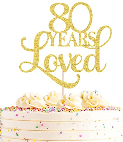 AHAORAY 80 Years Loved Cake Topper - Gold Glitter 80th Birthday Cake Decorating Supplies, Perfect for Wedding, Anniversary or Birthday Party Decorations, Photo Booth Props
