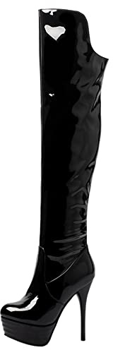 Lroey Reoly Stivali da Donna Sopra Il Ginocchio con Tacco a Spillo, Stivali da Festa Tacco Alto Punta Rotonda Boots Zip Plateau Solid 062 Nero Numero 45 EU