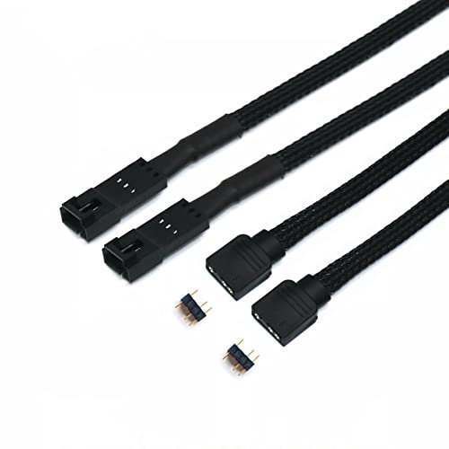 Angitu for 2pcs / lot Corsair Fan RGB ARGB Adapter Cable with Black PET Sleeved HD LL120 140 QL 3Pin 4Pin Fan to 5V 3Pin RGB LED Cable 50cm (RGB-3Pin Male Black Sleeved)