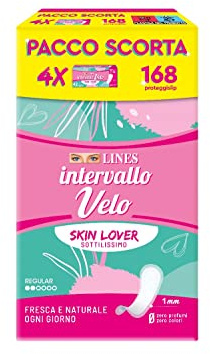 LINES INTERVALLO VELO SKIN LOVER, 168 proteggislip distesi per piccole perdite, protezione quotidiana, daily routine, sottilissimo, ultra flessibile, confezione scorta