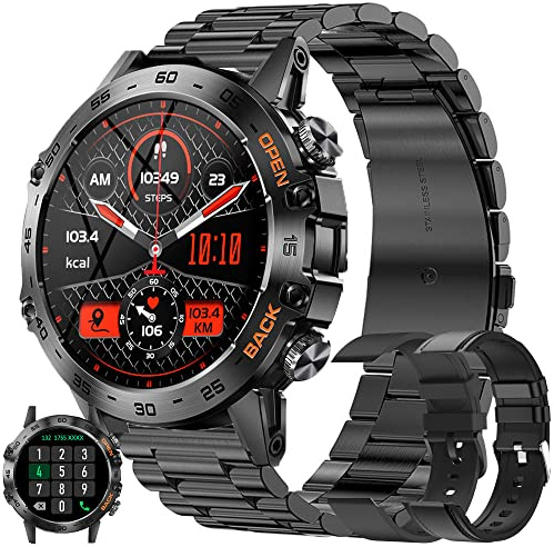Smartwatch Herren mit Telefonfunktion,1,39”Touchscreen 5ATM Wasserdicht Sportuhr mit Blutdruckmessung, SpO2, 100+ Sportmodi, Outdoor Fitness Tracker Militär Uhr kompatibel mit iOS Android (Schwarz)
