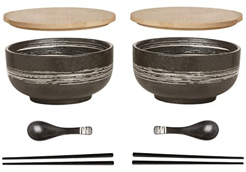 Ramen Schüssel Keramik 2 Set (8 Stück) mit Löffel Essstäbchen，1100 ML Großer Suppenschüssel,Salatschüsseln Für Suppe, Pho und Sushi Bowl (Grau Schale 2 Set)
