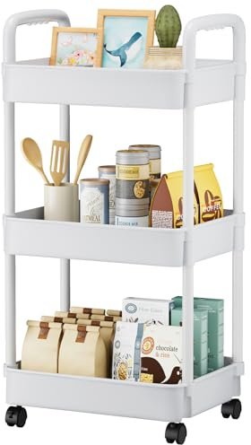 EZ COZY 3-tier Storage Trolley On Wheels - Kitchen Storage Utility Cart Rolling Storage Organiser for Kitchen Bathroom Laundry and Office, White