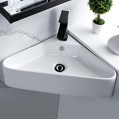 ARHAMS Petit Évier de Salle de Bain à Montage Mural d'angle, Lavabo Salle de Bain, Évier de Salle de Bain avec Ensemble de Robinet, Mini Lavabo en Céramique Blanche avec Trop-Plein (Color : B)