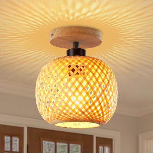 Schindora Plafonnier semi-encastré en bambou de taille mini de style bohème fait à la main, abat-jour en bois de rotin, luminaires de ferme pour chambre à coucher, chambre d'enfant, corridor, passage