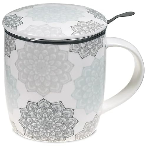 Generico Tasse à Thé Mandala Gris Mug Porcelaine Fine Infuseur Inox Cup 400 ml
