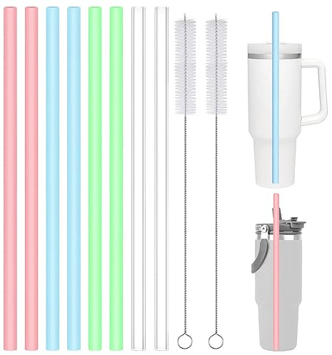 12 Stück Wiederverwendbare Silikon Strohhalme,Tragbare Strohe mit Reinigungsbürsten für 20oz 30oz 40oz Tumblers, Milchshakes,Saft,Kaffee
