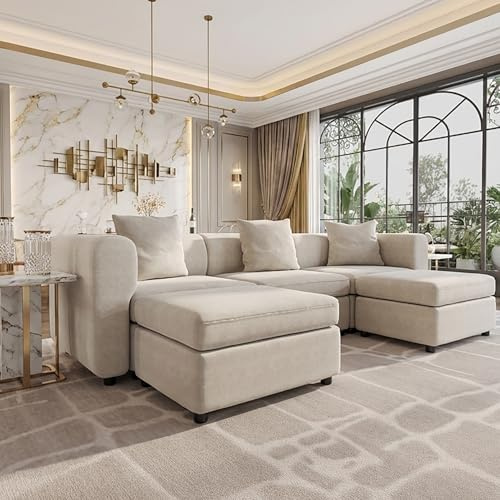 Miuuod 5 Seaters L/U Shape Oversized Sectional Sofa Bed for Living Room,3 Seats with 2 Storage Ottomans, Extra Large Deep Seat Couche for Comfy Couch