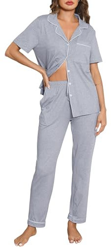 Lovasy Dampyjamas, lång kortärmad pyjamas med knappar, pyjamas för kvinnor, tvådelad loungewear set med fickor och dragsko, LJUSGRÅ, M