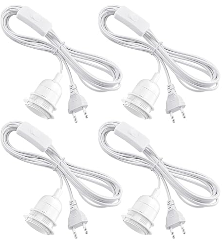 4 Stück E27 Lampenfassung mit Schalter, E27 Fassung mit 3,5m Kabel Schraubring, Lampensockel Lampenkabel mit Stecker Geeignet für Lampenaufhängung Pendelleuchte Schlafzimmer Esszimmer Balkon(Weiß)