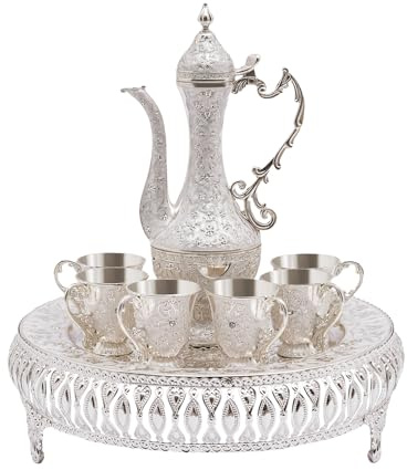 Kaffeetasse und Teekanne Set, Europäisch Teeservice Set mit 1 Teekanne und 6 Teetassen, Teeservice Set für Teetisch Dekoration, für Wohnzimmer, Esszimmer, Unternehmen, Eingangsbereich (Silber)