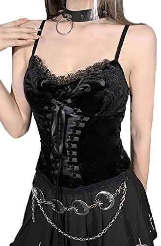 XKBHYD Y2K Gothique Sexy Crop Tops Femmes Velours Dentelle Street Corset Sans Manches Camis Punk Grunge Top Fondamental, 3-Noir, S