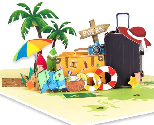 GREETING ART Pop-Up Karte – Reise, Pop-Up Karte Reisegutschein- 3D Geburtstagskarte für Urlaub, Flitterwochen oder Koffer - Geldgeschenk für Reisekasse, Grußkarte zum Geburtstag oder Abschied