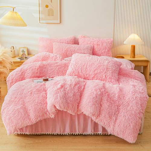 ERLOXO Flauschiges rosa Kunstfell-Bettwäsche-Set, Doppelbett, flauschig, flauschig, flauschig, Plüsch, Rosa, 2-teilig (1 Kunstfell-Bettbezug + 1 Flauschiger Kissenbezug), Bettwäsche-Set für