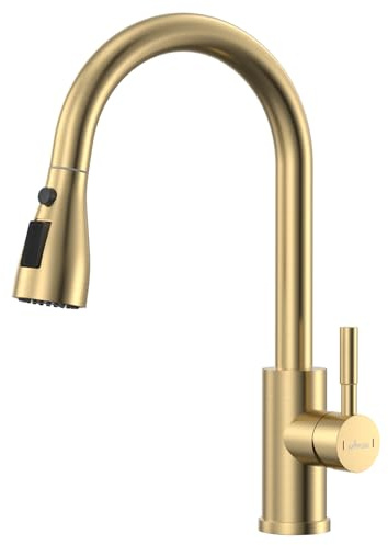 APPASO Gold Kitchen Tap, Sink Taps Mixer with Pull Out Spray, Mixer Tap with 3 Spary Modes, 360° Swivel Single Handle Brushed Gold Tap for Kitchen Stainless Steel-Double Broom