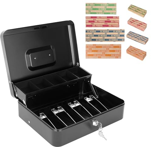 Cash Box with Key Lock and Money Tray - Metal Money Box for Cash Register, Large Cash Lock Box for Money Safe with 100PCS Coin Wrappers Assorted