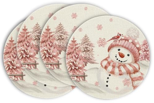 Artoid Mode Rosa Schneemann Weihnachten Runde Platzsets 4er Set, 37cm Winter Xmas Tischset Platzdeckchen Küche Party Deko