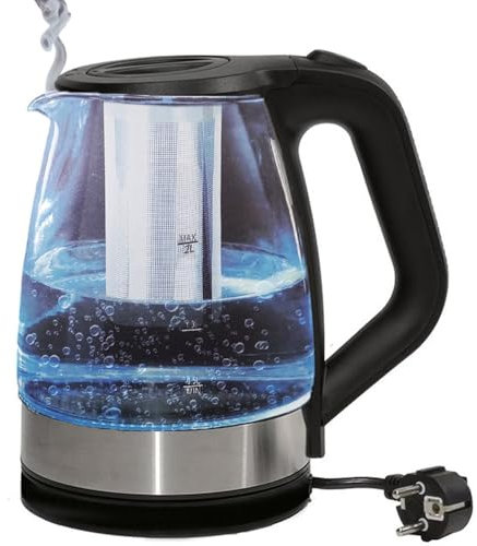 Bollitore elettrico d'acqua da 2 litri 2200W per casa cucina spegnimento automatico antisurriscaldamento caraffa coordless in vetro