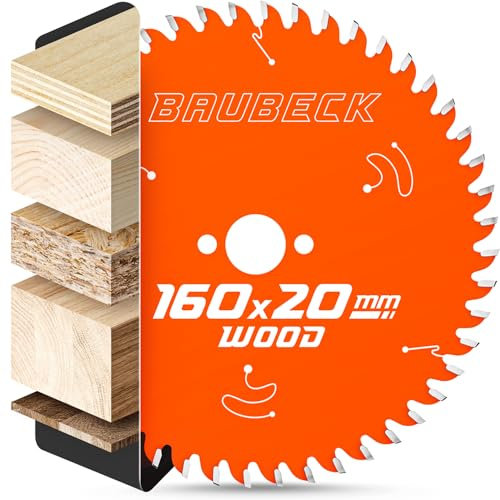 BAUBECK Sägeblatt 160x20 +16mm Adapter, 48Z, 2.6mm Schnitt in Holz kompatibel mit M. SP6000/J, DHS680, Bosch GKT 55 / GCE S/GKS, Kreissägeblatt 165x20, Sägeblatt 165x16